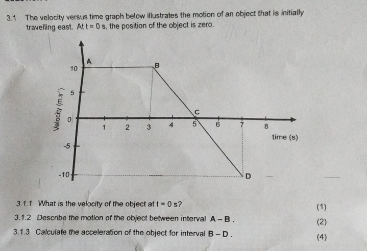 3.1 The velocity versus time graph below illustrates the motion of an object that is initially 
travelling east. Att=0s , the position of the object is zero. 
A
10
B
5
C
0
1 2 3 4 5 6 7 8
time (s)
-5
-10 D
3.1.1 What is the velocity of the object at t=0s ? (1) 
3.1.2 Describe the motion of the object between interval A-B. (2) 
3.1.3 Calculate the acceleration of the object for interval B-D. (4)