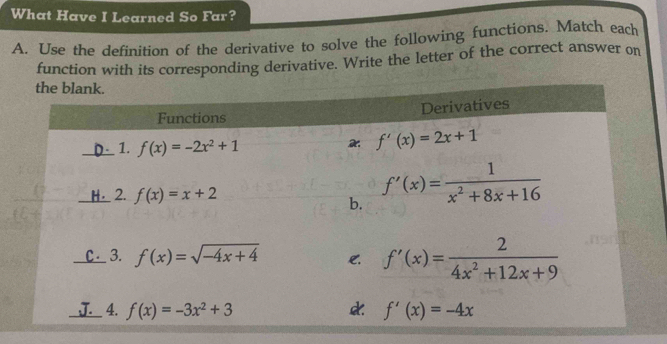 What Have I Learned So Far?
A. Use the definition of the derivative to solve the following functions. Match each
function with its corresponding derivative. Write the letter of the correct answer on