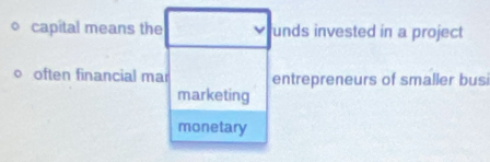 capital means the unds invested in a project 
o often financial mar entrepreneurs of smaller busi 
marketing 
monetary