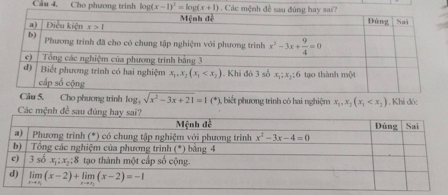 Cho phương trình log (x-1)^2=log (x+1). C
Cho phương trình log _5sqrt(x^2-3x+21)=1(*) 0, biết phương trình có hai nghiệm x_1,x_2(x_1 . Khi đó:
Các mệnh đề sau