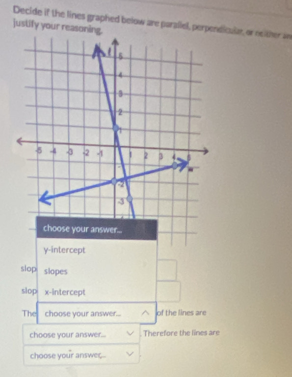 Decide if the lines graphed below are parallel, perpendicular, or neither an
justify your reasoning.
y-intercept
slop slopes
slop x-intercept
The choose your answer... ^ of the lines are
choose your answer... . Therefore the lines are
choose your answer..