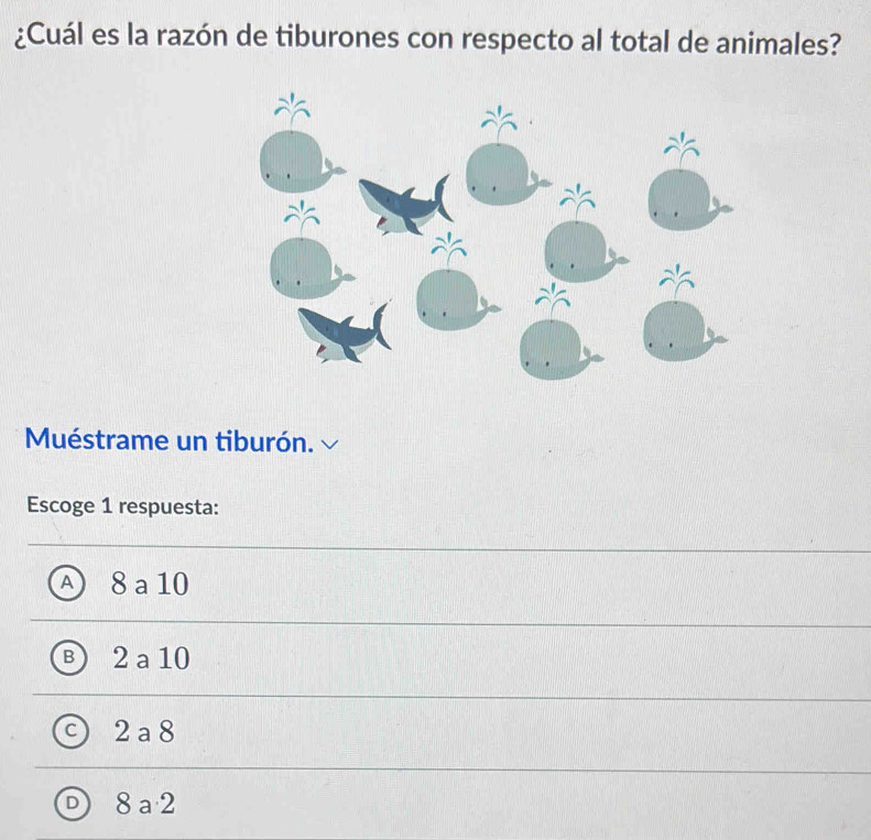 ¿Cuál es la razón de tiburones con respecto al total de animales?
Muéstrame un tiburón.
Escoge 1 respuesta:
A 8 a 10
Ⓑ 2 a 10
c 2 a8
D8 a2