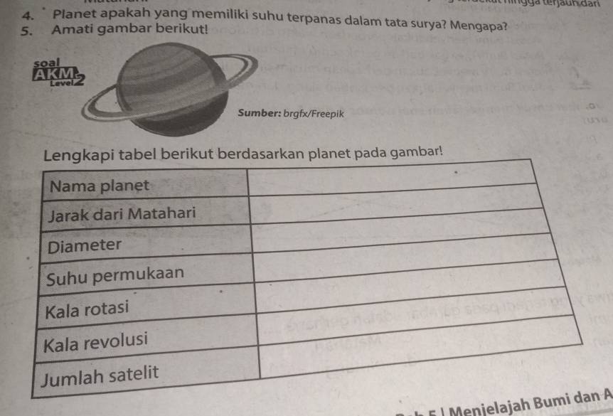 a terjäun dan 
4. * Planet apakah yang memiliki suhu terpanas dalam tata surya? Mengapa? 
5. Amati gambar berikut! 
soal 
AKN 
Level 
Sumber: brgfx/Freepik 
net pada gambar! 
§ ) Menjelajah B A