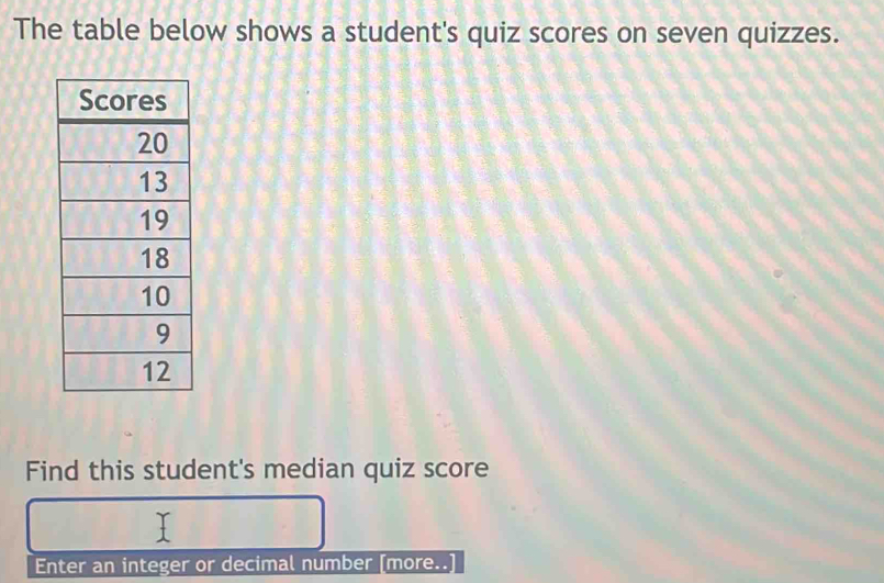 The table below shows a student's quiz scores on seven quizzes. 
Find this student's median quiz score 
Enter an integer or decimal number [more..