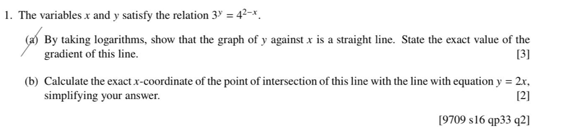 The variables x and y satisfy the relation 3^y=4^(2-x). 
(a) By taking logarithms, show that the graph of y against x is a straight line. State the exact value of the 
gradient of this line. [3] 
(b) Calculate the exact x-coordinate of the point of intersection of this line with the line with equation y=2x, 
simplifying your answer. [2]
[9709s16qp33q2]