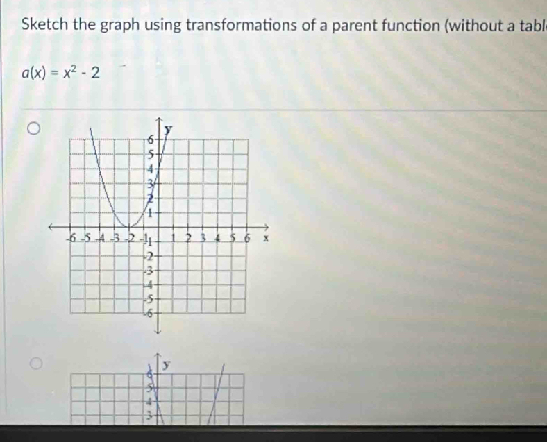 Sketch the graph using transformations of a parent function (without a tabl
a(x)=x^2-2
y
5
4
3