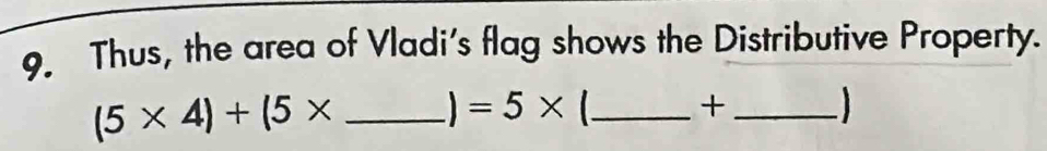 Thus, the area of Vladi's flag shows the Distributive Property.
(5* 4)+(5* _ 1 =5* _ +_ 