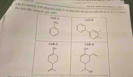 Lự Bộc HUA Hợc s0p 11 - 1 9ể 1 
Câu 8 [186960]: Viết công thức phần từ và công thức cầu tạo của chất hữu cơC. D được 
cho dưới đây (dạng thu g