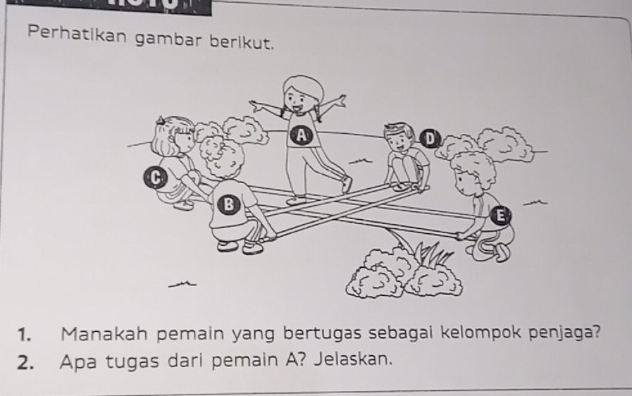 Perhatikan gambar berikut. 
1. Manakah pemain yang bertugas sebagai kelompok penjaga? 
2. Apa tugas dari pemain A? Jelaskan.