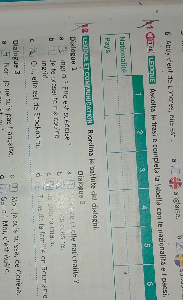 Abby vient de Londres, elle est ... a □  41b/41b  anglaise. b
nazionalità e i paesi.
12 LEXIQUE ET coMMUNICATION Riordina le battute dei dialoghi.
Dialogue 1 Dialogue 2
a Ingrid ? Elle est suédoise ? a 1 Tu es de quelle nationalité ?
b
b 1 Je te présente ma copine Ootmes cousins.
Ingrid. Je suis roumain.
C
C Oui, elle est de Stockholm. d Tu as de la famille en Roumanie
Dialogue 3
a T Non, je ne suis pas française, C 1 Moi, je suis suisse, de Genève.
Et toi ? 1 Salut ! Moi, c'est Adèle.
d