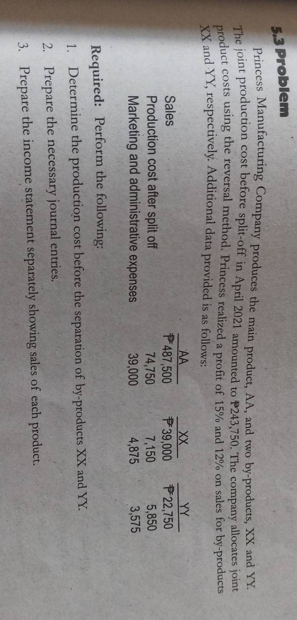 5,3 Problem 
Princess Manufacturing Company produces the main product, AA, and two by-products, XX and YY. 
The joint production cost before split-off in April 2021 amounted to P243,750. The company allocates joint 
product costs using the reversal method. Princess realized a profit of 15% and 12% on sales for by-products 
XX and YY, respectively. Additional data provided is as follows: 
AA 
X 
YY 
Sales 487,500 39,000 22,750
Production cost after split off 74,750 7,150 5,850
Marketing and administrative expenses 39,000 4,875 3,575
Required: Perform the following: 
1. Determine the production cost before the separation of by-products XX and YY. 
2. Prepare the necessary journal entries. 
3. Prepare the income statement separately showing sales of each product.