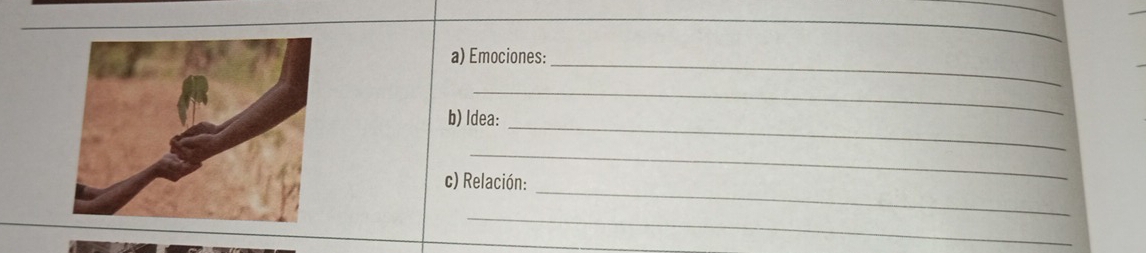 Emociones: 
_ 
_ 
b) ldea: 
_ 
_ 
c) Relación: 
_