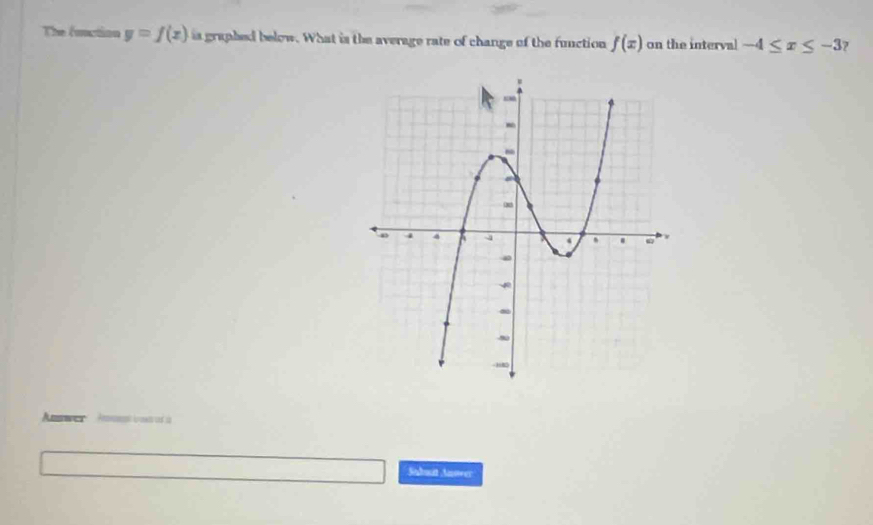 The fouction y=f(x) is graphed below. What is the average rate of change of the function f(x) on the interval -4≤ x≤ -3
Answer Prn low ad is 
Sabout Annver