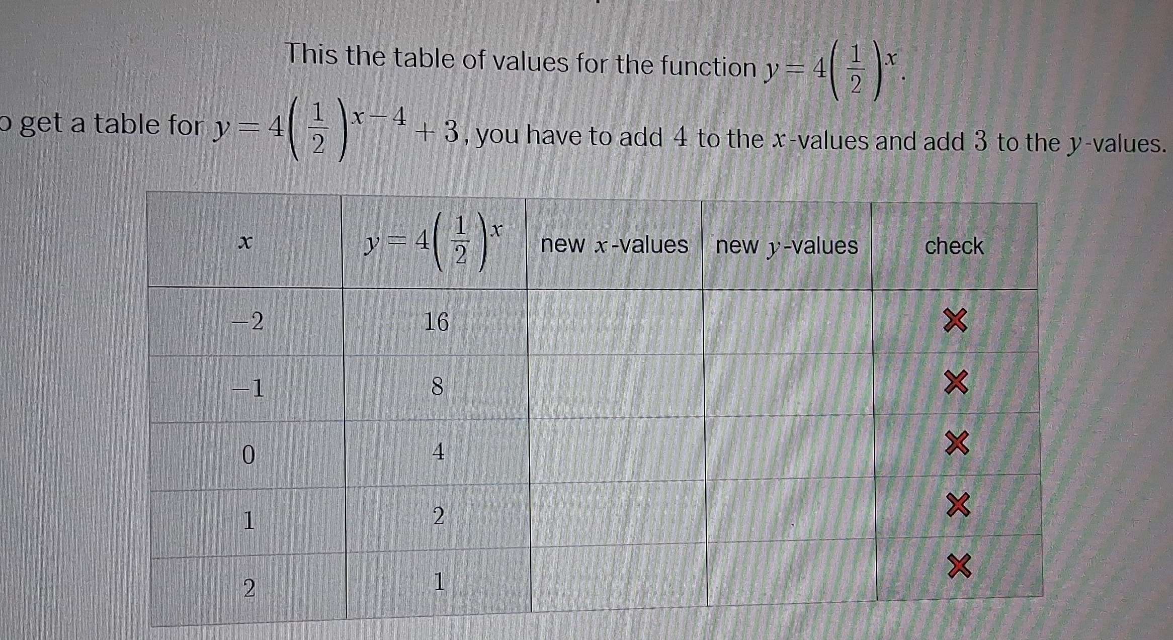 Solved: This the table of values for the function y=4( 1/2 )^x. o get a ...