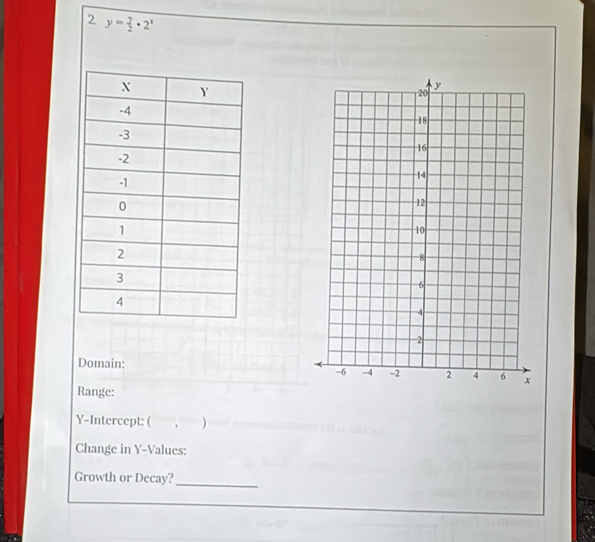 y= 7/2 · 2^x
Domain: 
Range: 
Y-Intercept: ( ) 
Change in Y -Values: 
Growth or Decay? 
_