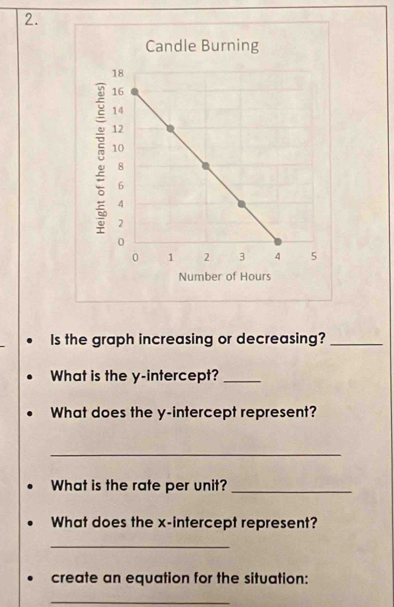 Candle Burning 
Number of Hours
Is the graph increasing or decreasing?_ 
What is the y-intercept?_ 
What does the y-intercept represent? 
_ 
What is the rate per unit?_ 
What does the x-intercept represent? 
_ 
create an equation for the situation: 
_