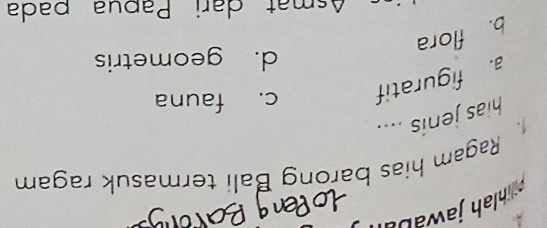 nlah jaw b
Ragam hias barong Bali termasuk ragam
hias jenis ....
a. figuratif
c. fauna
d. geometris
b. flora
Asmat dari Papua pada