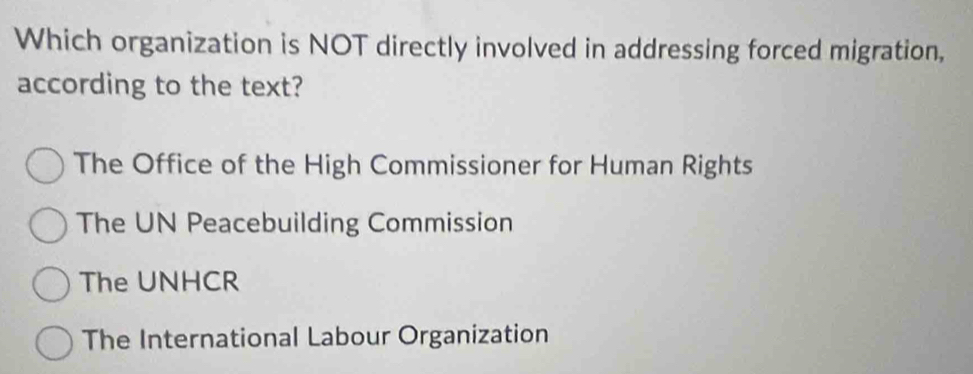 Which organization is NOT directly involved in addressing forced migration,
according to the text?
The Office of the High Commissioner for Human Rights
The UN Peacebuilding Commission
The UNHCR
The International Labour Organization