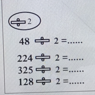 2
+1 18 ||
48/ 2= _ . ..
224/ 2= =...... _
325/ 2= ..... _
128/ 2=... _