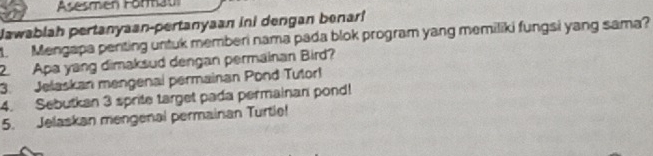 Asesmen Formau 
Jawablah pertanyaan-pertanyaan ini dengan benar! 
. Mengapa penting untuk memberi nama pada blok program yang memiliki fungsi yang sama? 
2. Apa yang dimaksud dengan permainan Bird? 
3. Jelaskan mengenai permainan Pond Tutor! 
4. Sebutkan 3 sprite target pada permainan pond! 
5. Jelaskan mengenal permainan Turtie!