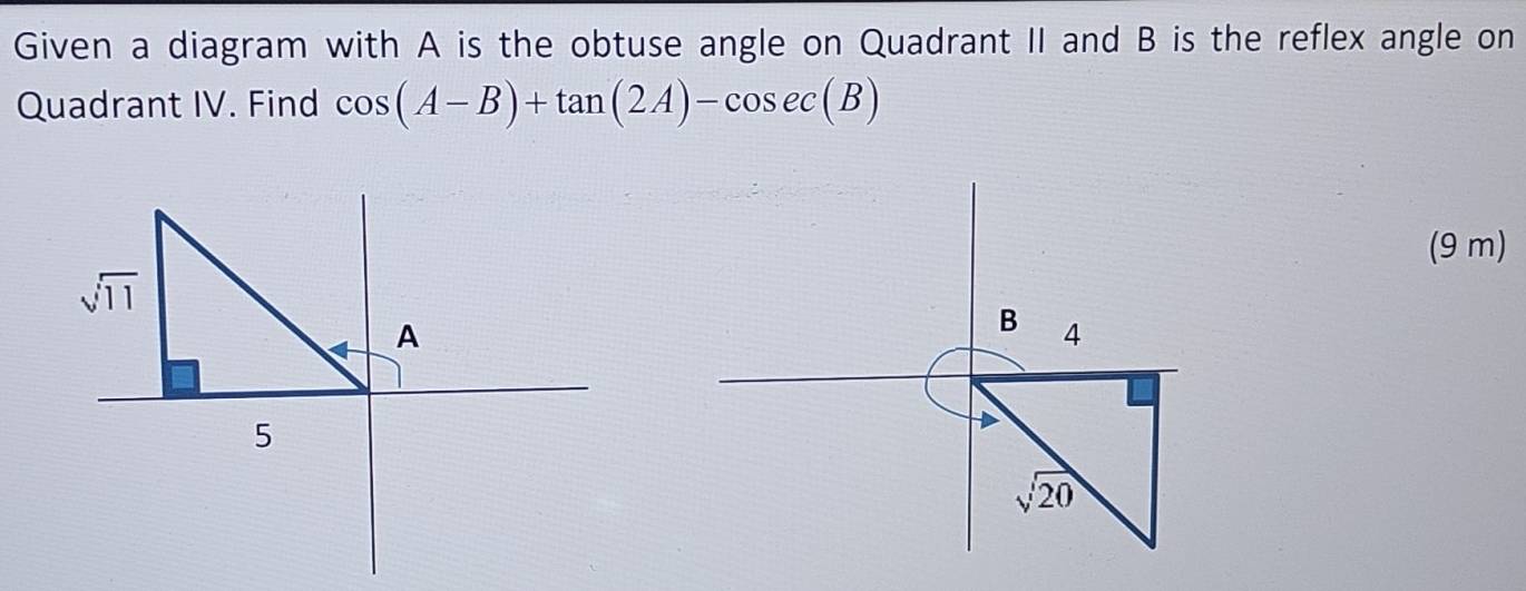 Given a diagram with A is the obtuse angle on Quadrant II and B is the reflex angle on
Quadrant IV. Find cos (A-B)+tan (2A)-cos ec(B)
(9 m)
sqrt(11)
A
5