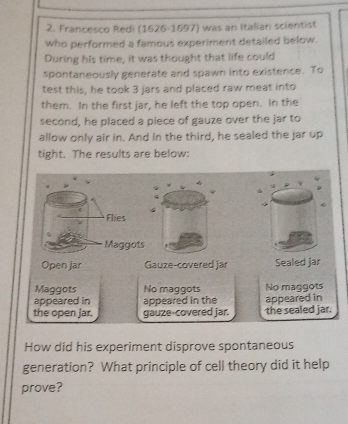 Francesco Redi (1626-1697) was an Italian scientist 
who performed a famous experiment detailed below. 
During his time, it was thought that life could 
spontaneously generate and spawn into existence. To 
test this, he took 3 jars and placed raw meat into 
them. In the first jar, he left the top open. In the 
second, he placed a piece of gauze over the jar to 
allow only air in. And in the third, he sealed the jar up 
tight. The results are below: 
。 
Flies 
Maggots 
Open jar Gauze-covered jar Sealed jar 
Maggots No maggots 
appeared in appeared in the No maggots 
the open jar. gauze-covered jar. the sealed jar. appeared in 
How did his experiment disprove spontaneous 
generation? What principle of cell theory did it help 
prove?