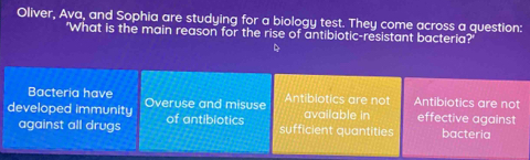 Oliver, Ava, and Sophia are studying for a biology test. They come across a question:
'What is the main reason for the rise of antibiotic-resistant bacteria?
D
Bacteria have
developed immunity Overuse and misuse Antiblotics are not available in Antibiotics are not effective against
against all drugs of antibiotics
sufficient quantities bacteria