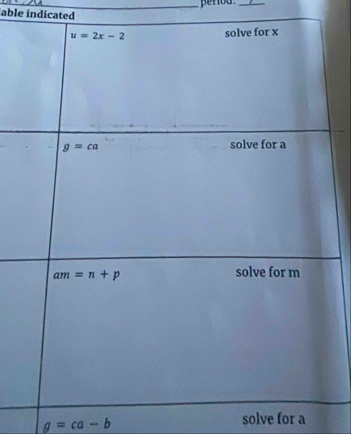 period:_
able indicated
g=ca-b
solve for a