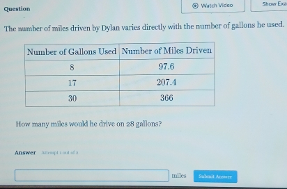 Question Watch Video Show Exa 
The number of miles driven by Dylan varies directly with the number of gallons he used. 
How many miles would he drive on 28 gallons? 
Answer Attempt 1 out of 2
miles Submit Answer