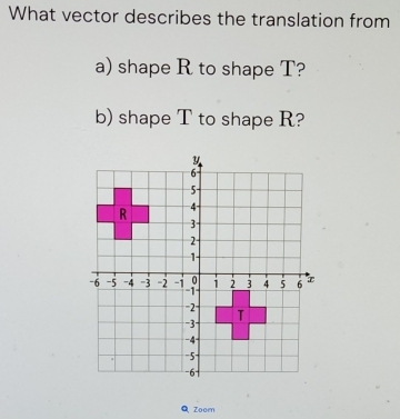 What vector describes the translation from 
a) shape R to shape T? 
b) shape T to shape R? 
Zooen