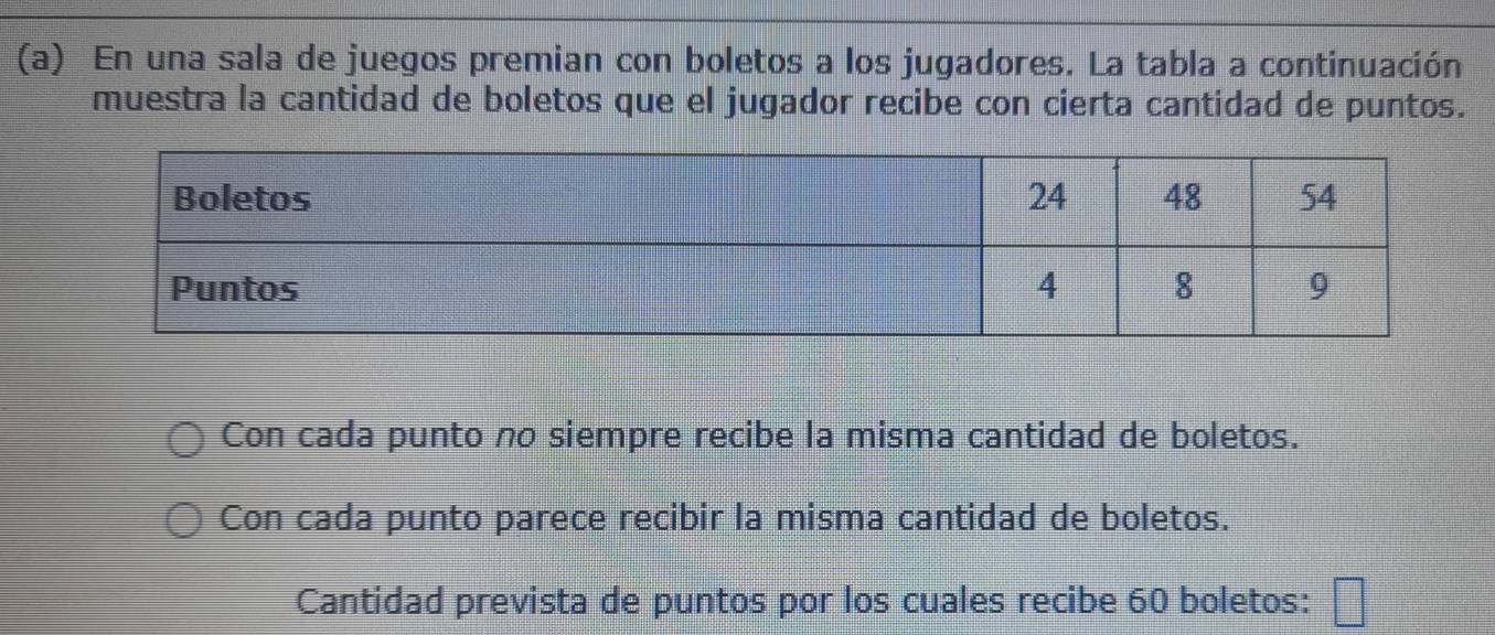 En una sala de juegos premian con boletos a los jugadores. La tabla a continuación 
muestra la cantidad de boletos que el jugador recibe con cierta cantidad de puntos. 
Con cada punto no siempre recibe la misma cantidad de boletos. 
Con cada punto parece recibir la misma cantidad de boletos. 
Cantidad prevista de puntos por los cuales recibe 60 boletos: