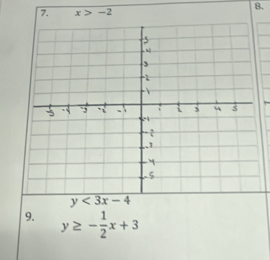 x>-2
y<3x-4</tex> 
9. y≥ - 1/2 x+3