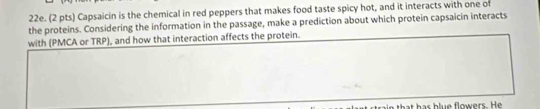 Capsaicin is the chemical in red peppers that makes food taste spicy hot, and it interacts with one of 
the proteins. Considering the information in the passage, make a prediction about which protein capsaicin interacts 
with (PMCA or TRP), and how that interaction affects the protein. 
tra i n that has blue flowers. He