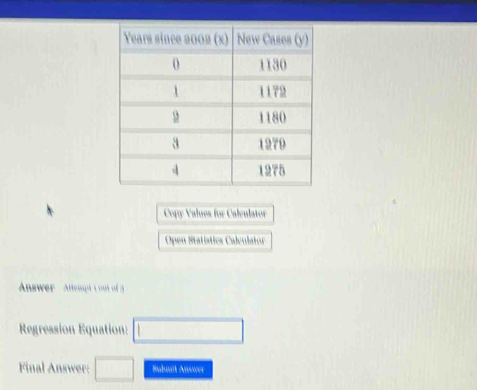 Copy Values for Calculator 
Open Statístics Calculator 
Answer Altempt tout of a 
Regression Equation: □ 
Final Answer: □ Submit Auswer