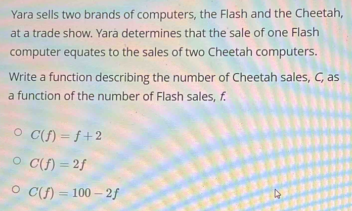 Solved: Yara sells two brands of computers, the Flash and the Cheetah ...