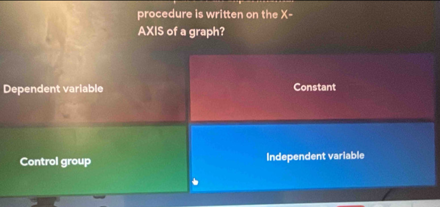 procedure is written on the X -
AXIS of a graph?
Dependent variable Constant
Control group Independent variable