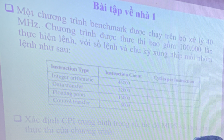 Bài tập về nhà 1 
Một chương trình benchmark được chạy trên bộ xứ lý 40
MHz. Chương trình được thực thi bao gồm 100.000 lần 
thực hiện lệnh, với số lệnh và chu kỳ xung nhịp 
lệnh như sau: 
Xác định CPI trung birth trong số, tốc độ MIPS và thời gian 
thực thi của chương trình.