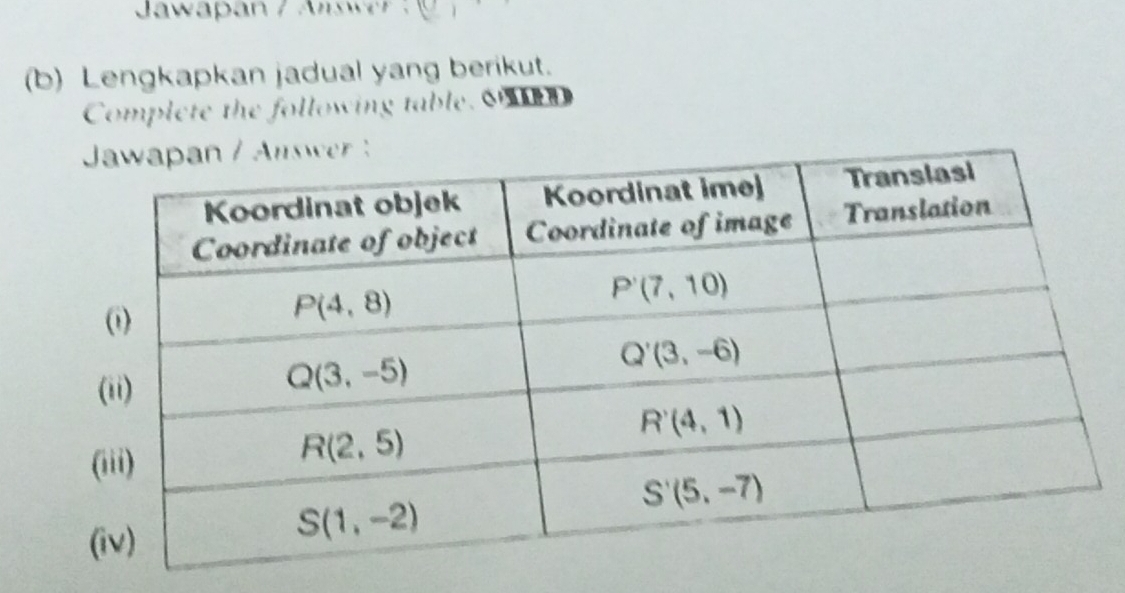 Jawapan / Answer   
(b) Lengkapkan jadual yang berikut.
Complete the following table. S