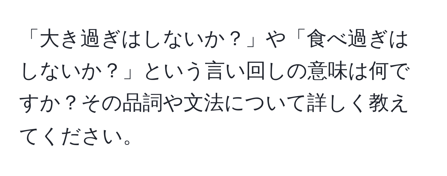 「大き過ぎはしないか？」や「食べ過ぎはしないか？」という言い回しの意味は何ですか？その品詞や文法について詳しく教えてください。