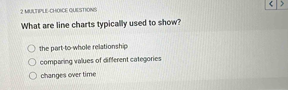 MULTIPLE-CHOICE QUESTIONS
What are line charts typically used to show?
the part-to-whole relationship
comparing values of different categories
changes over time