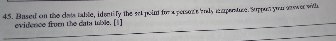 Based on the data table, identify the set point for a person's body temperature. Support your answer with 
evidence from the data table. [1]