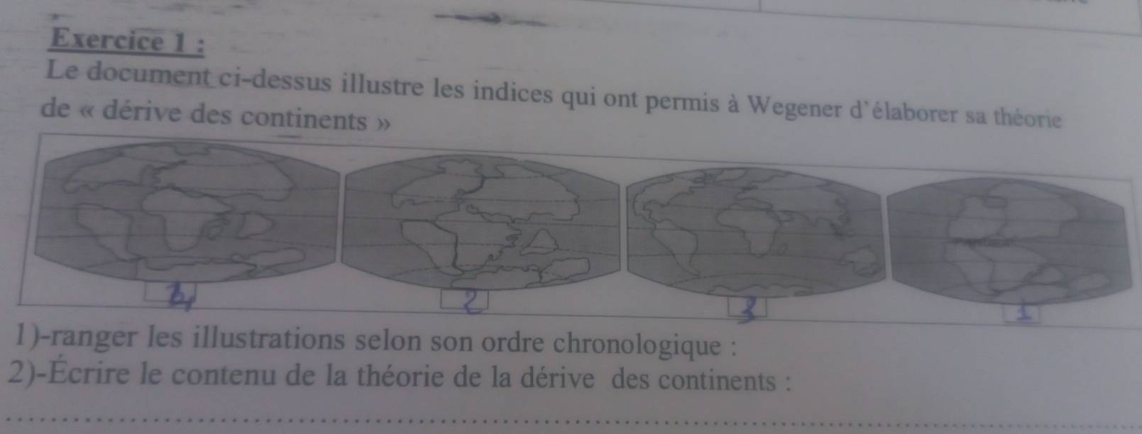 Le document ci-dessus illustre les indices qui ont permis à Wegener d'élaborer sa théorie 
de « dérive des continents » 
1)-ranger les illustrations selon son ordre chronologique : 
2)-Écrire le contenu de la théorie de la dérive des continents :