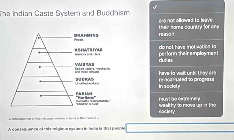 The Indian Caste System and Buddhism
are not allowed to leave
their home country for any
reason
do not have motivation to
perform their employment
duties
have to wait until they are
reincarnated to progress
in society
must be extremely
wealthy to move up in the
society
A consequence of this religious system in India is that people -
A consequence of this reigious system in India is that people