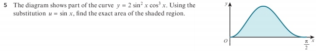 The diagram shows part of the curve y=2sin^2xcos^3x. Using the y
substitution u=sin x , find the exact area of the shaded region.
 π /2  x