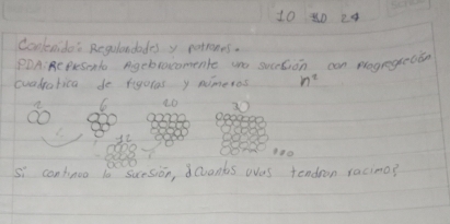 10 30 24 
conlenido: Regolandades y potrones. 
PDA:RCPesento Agebrocomente une succsion can progregreate 
cuadrarica do rigoras y nimeros n^2
6 2o 30
It
100
si contnoo t0 suesion, devants was tendron racimo?