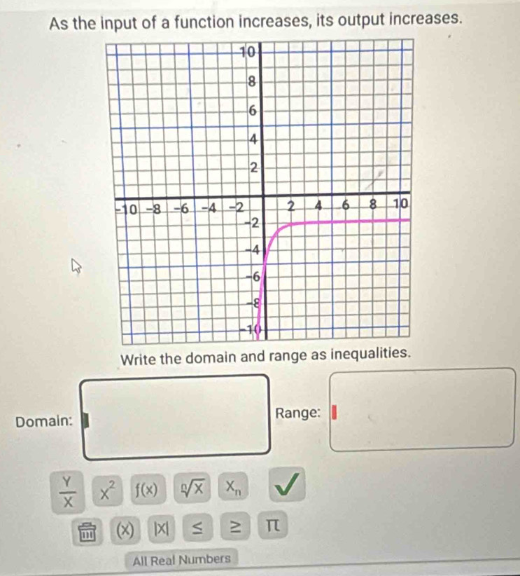 As the input of a function increases, its output increases. 
Write the domain and range as inequalities. 
Domain: Range:
 Y/X  x^2 f(x) sqrt[n](x) X_n
(x) |x| ≥ π
All Real Numbers