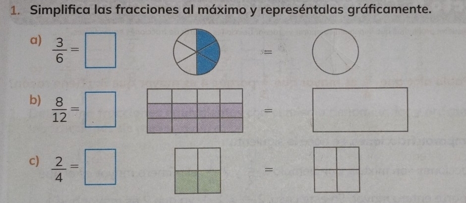 Simplifica las fracciones al máximo y represéntalas gráficamente. 
a)  3/6 =□
:= 
b)  8/12 =□
= 
c)  2/4 =□
=