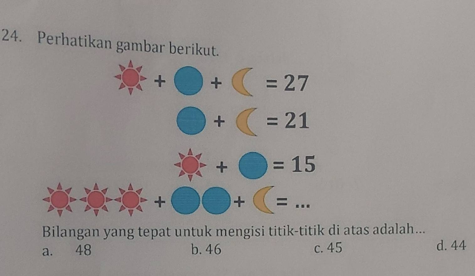 Perhatikan gambar berikut.
beginarrayr b△  4 +bigcirc +bigcirc =27
bigcirc +bigcirc =21
□ +□ =15
+□ □ +□ =... 
Bilangan yang tepat untuk mengisi titik-titik di atas adalah...
a. 48 b. 46 c. 45
d. 44