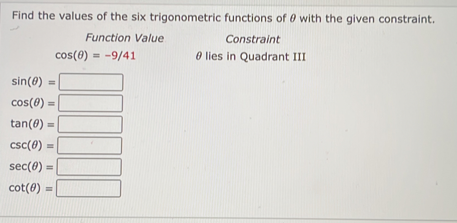 Solved: Find the values of the six trigonometric functions of θ with ...
