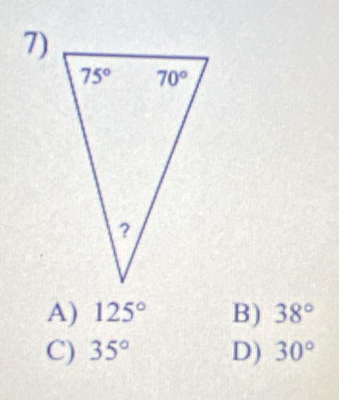 A) 125° B) 38°
C) 35° D) 30°